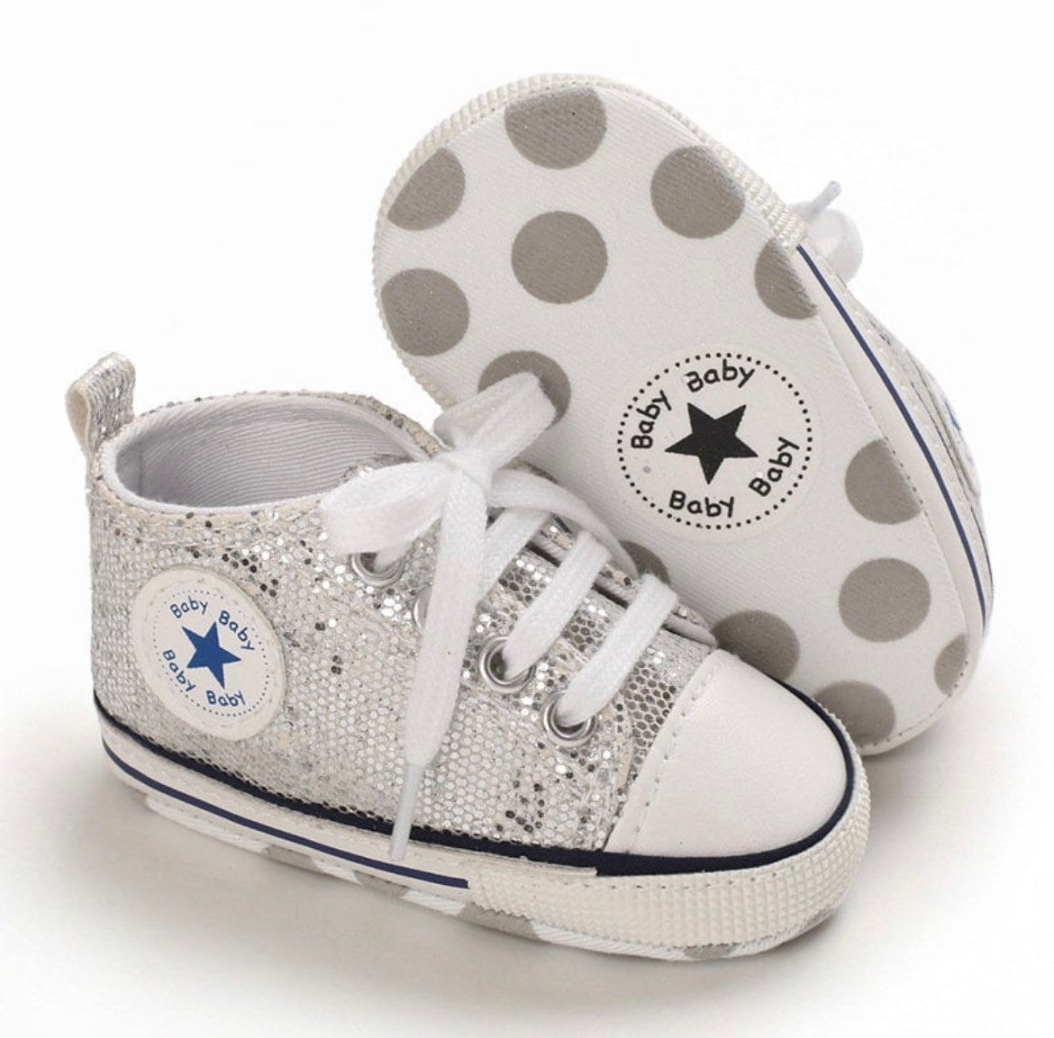 Baby Glitter Sneakers, Like Converse with Shimmer-
 Welcome! Thanks for looking in our shop and viewing these beautiful baby shoes.Your baby will look so adorableIn these smart casual shoes perfect for so many occas-Bijou Bubs