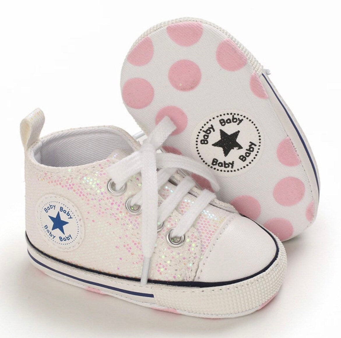 Baby Glitter Sneakers, Like Converse with Shimmer-
 Welcome! Thanks for looking in our shop and viewing these beautiful baby shoes.Your baby will look so adorableIn these smart casual shoes perfect for so many occas-Bijou Bubs