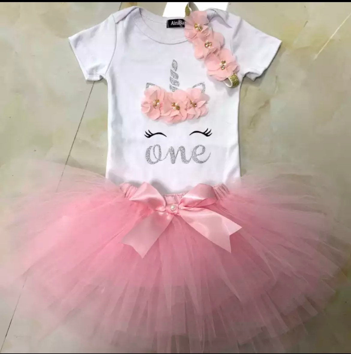 Pink Princess Unicorn Dress  - First Birthday , with headband.