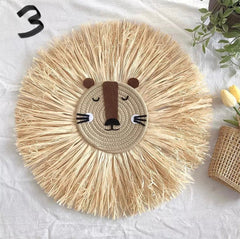 Raffia Lion Face Wall Hanging for Nursery or Nordic / Boho Deco.