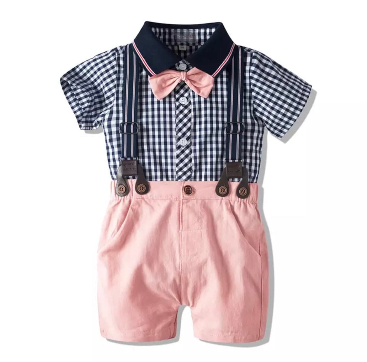 Venice - Baby Boy Suit Set with Pink Check Shirt and Shorts + Bowtie + Suspenders.