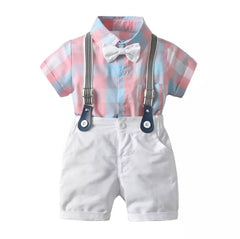 Venice - Baby Boy Suit Set with Pink Check Shirt and Shorts + Bowtie + Suspenders.