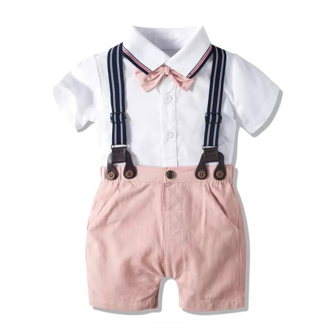 Venice - Baby Boy Suit Set with Pink Check Shirt and Shorts + Bowtie + Suspenders.