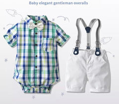 Venice - Baby Boy Suit Set with Pink Check Shirt and Shorts + Bowtie + Suspenders.