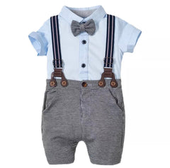 Venice - Baby Boy Suit Set with Pink Check Shirt and Shorts + Bowtie + Suspenders.