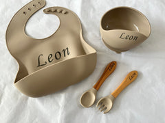 Personalised Baby Silicone Feeding Set, Personalised Spoon and Fork Se-Our made to order personalised baby feeding set, with spoon and fork sets are perfect gifts for little babies and toddlers and ideal for teaching them how to eat on -Bijou Bubs