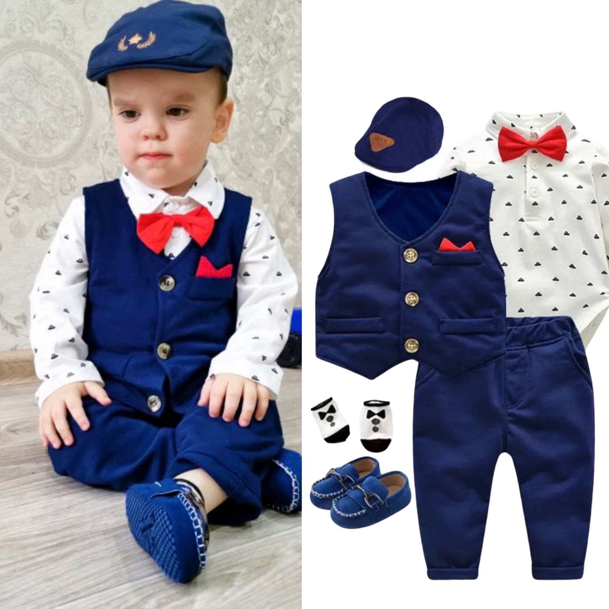 Baby Boy Formal Suit Set + Hat + Waistcoat.