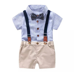 Venice - Baby Boy Suit Set with Pink Check Shirt and Shorts + Bowtie + Suspenders.