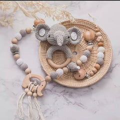 Crochet Elephant Pram Garland and Dummy Chain & Rattle Gift Set.