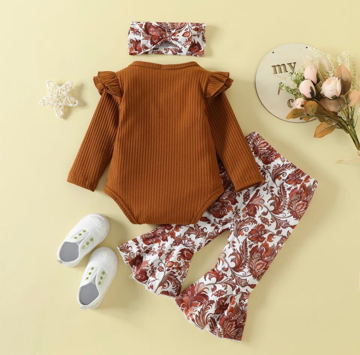 Brown Floral Flared Pants Set.