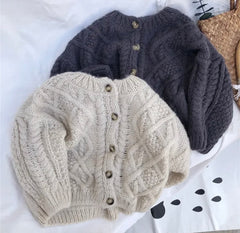 Knitted Crochet  Cardigan Jumper - Oatmeal.