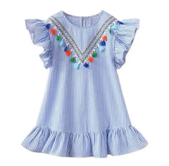 Girls Boho Tassel Stripe Summer Dress - Blue.