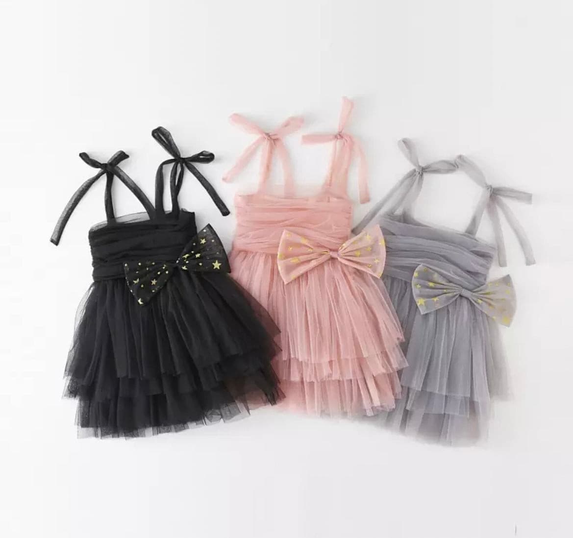 Tulle Layer Dress with Glitter Bow- Grey.