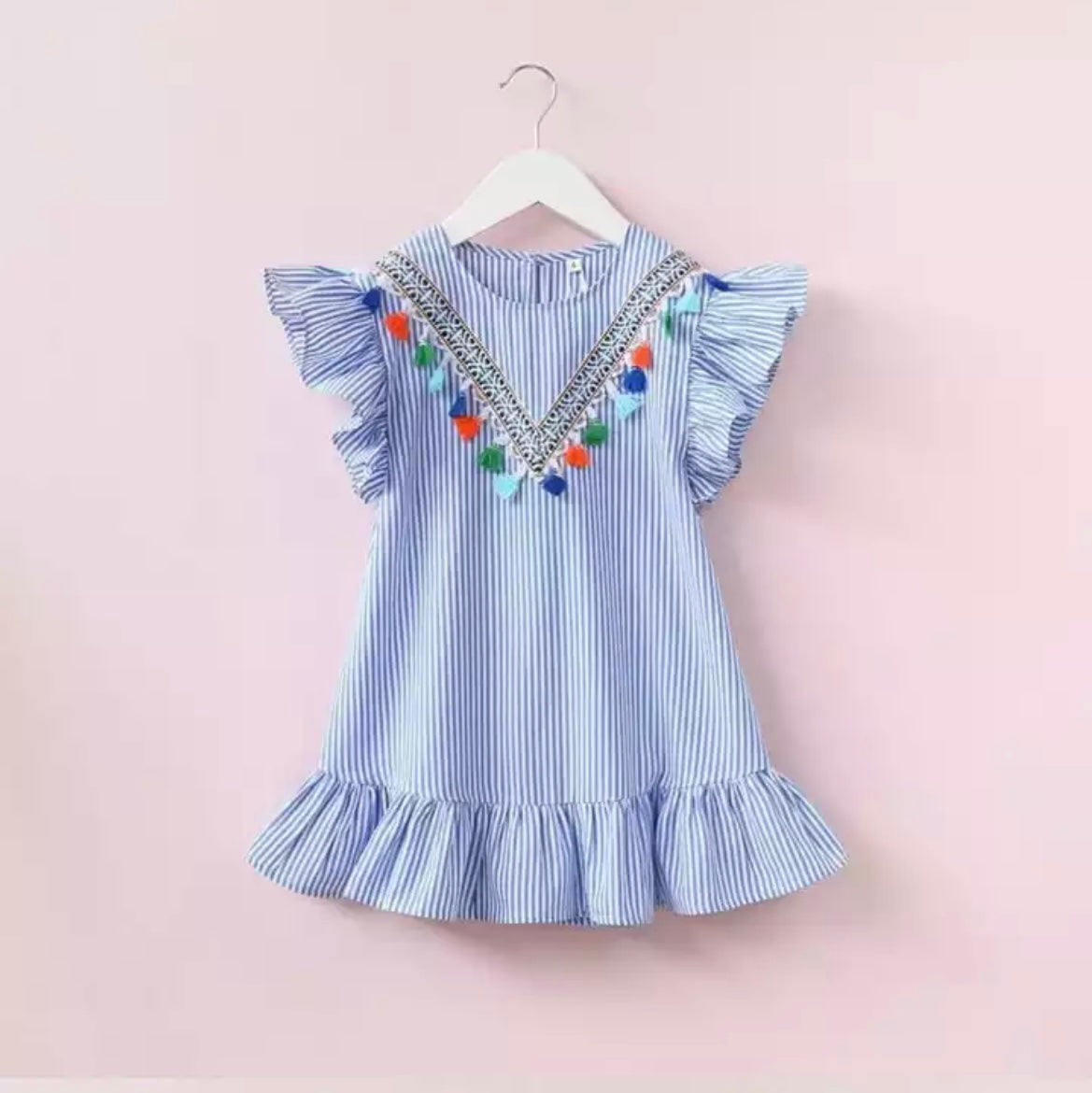 Girls Boho Tassel Stripe Summer Dress - Blue.