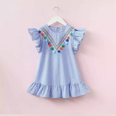 Girls Boho Tassel Stripe Summer Dress - Blue.