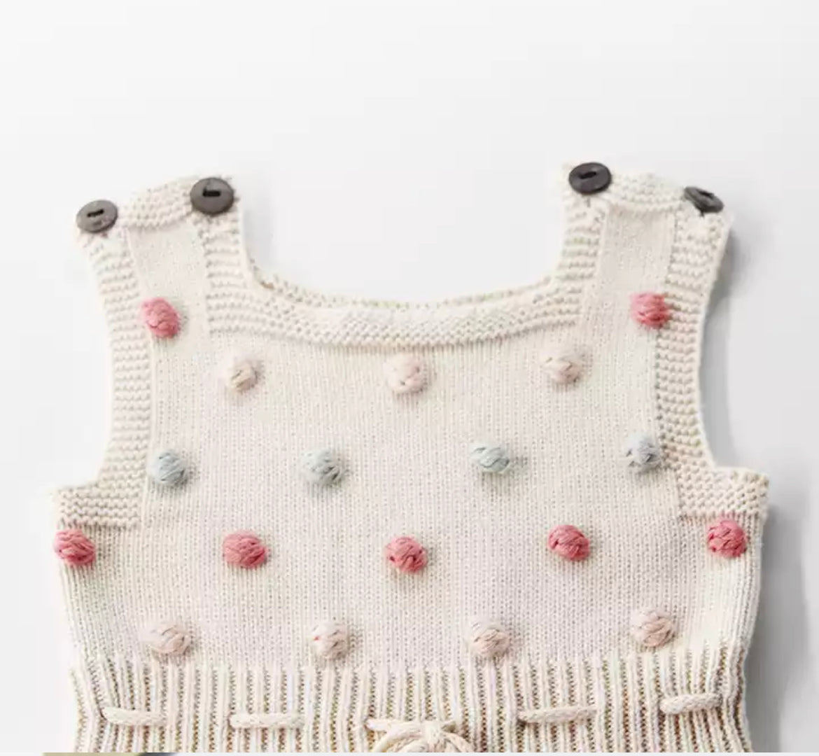 Baby Girl Knitted Romper with Bobbles / Pom Pom - Natural / Multi.