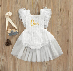 Girls First Birthday Lace “One” Romper - White.