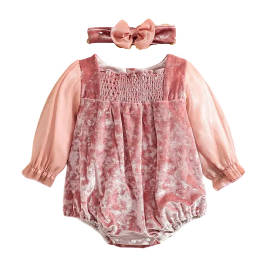 Dusty Pink Velvet Bodysuit Romper for Baby Girls , Color - Pink.