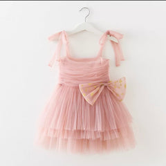 Tulle Layer Dress with Glitter Bow- Dusty Pink.