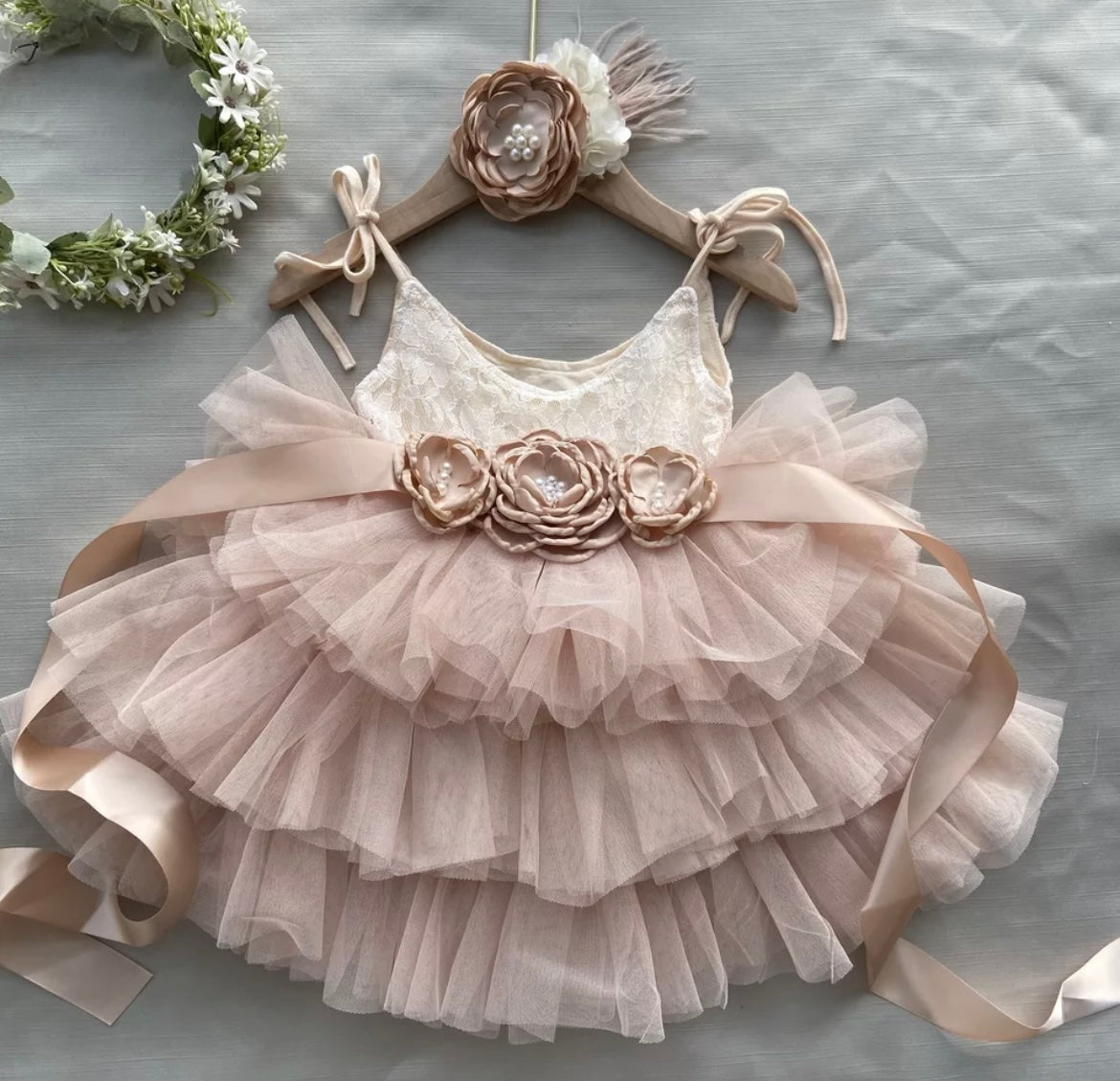 Delilah - Princess Lace & Tulle Dress with Floral Sash + Headband  - Dusty Rose.