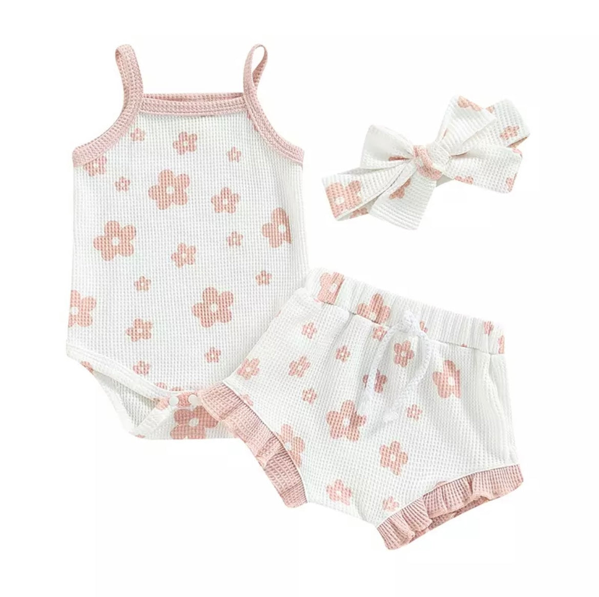 Daisy Waffle Romper Sets - Pink & White.