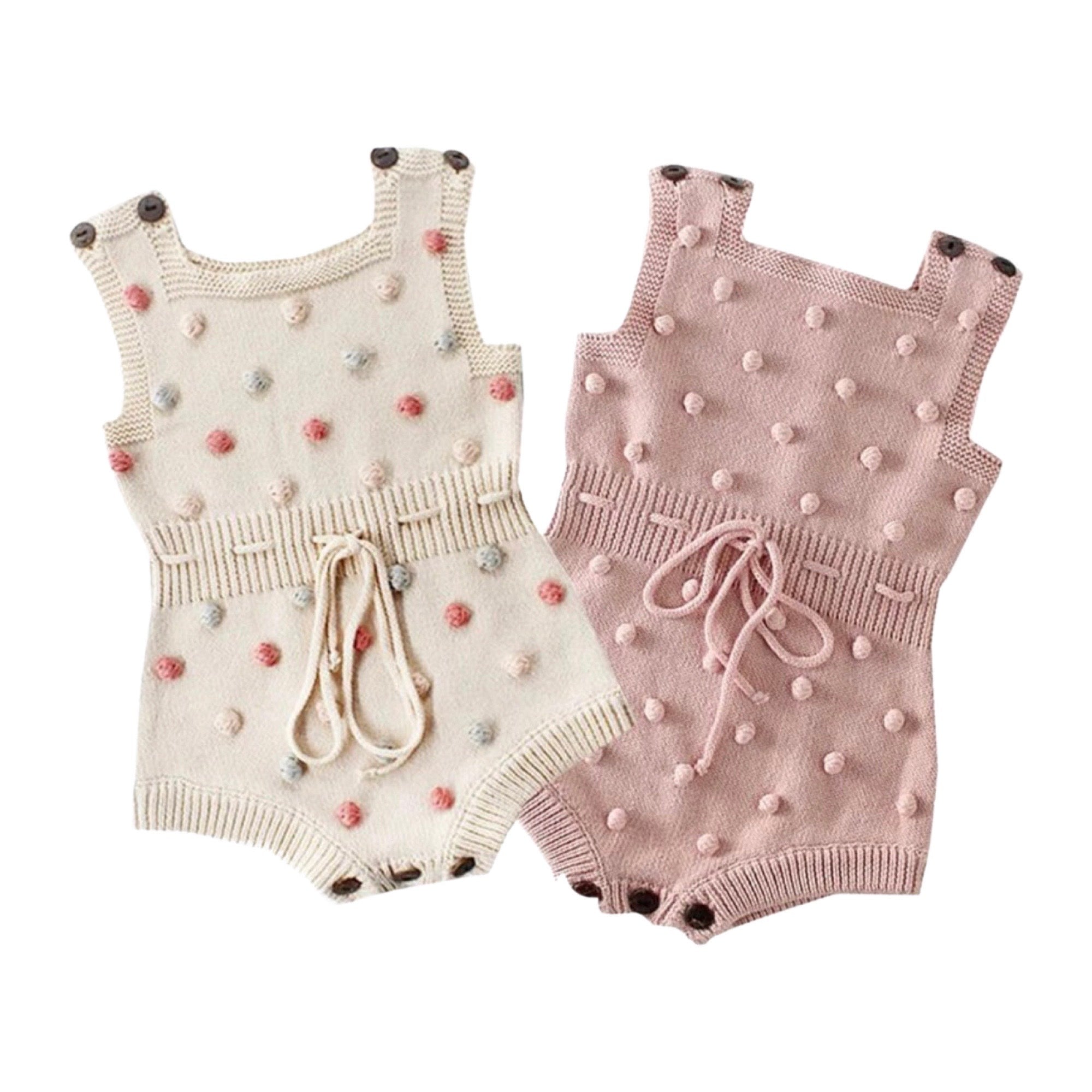 Baby Girl Knitted Romper with Bobbles / Pom Pom - Dusty Pink.