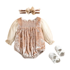 Beige Velvet Bodysuit Baby Girl Romper.