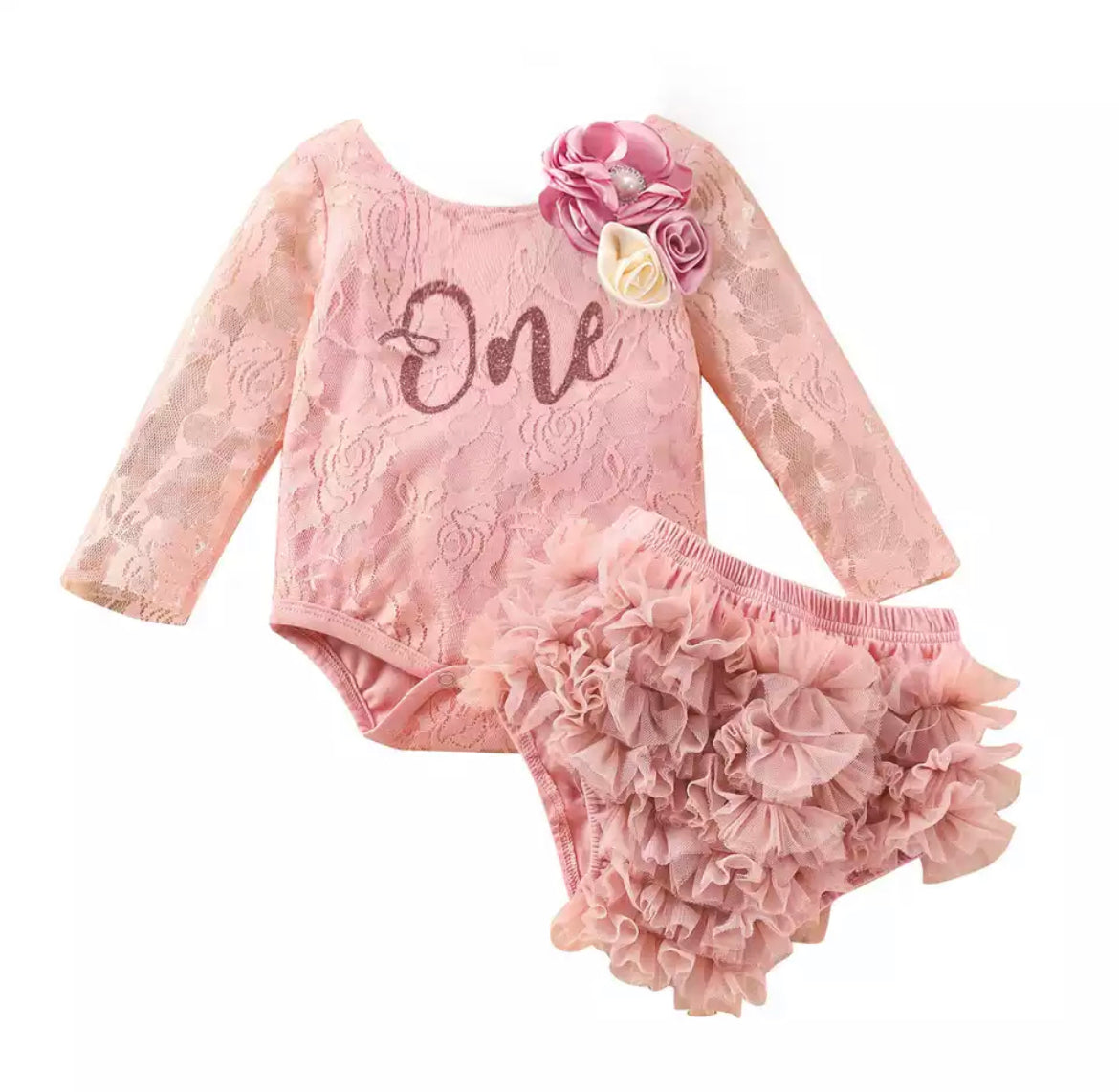 Girls First Birthday Lace “One” Long Sleeve Romper + Bloomers Set  - Dusty Pink.
