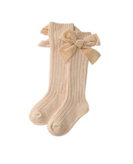 Valentina - Velvet Bow Baby Socks - Oatmeal Beige.