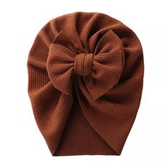 Ribbed Baby Plain Stretchy Bow Knot Turban - Auburn Brown.