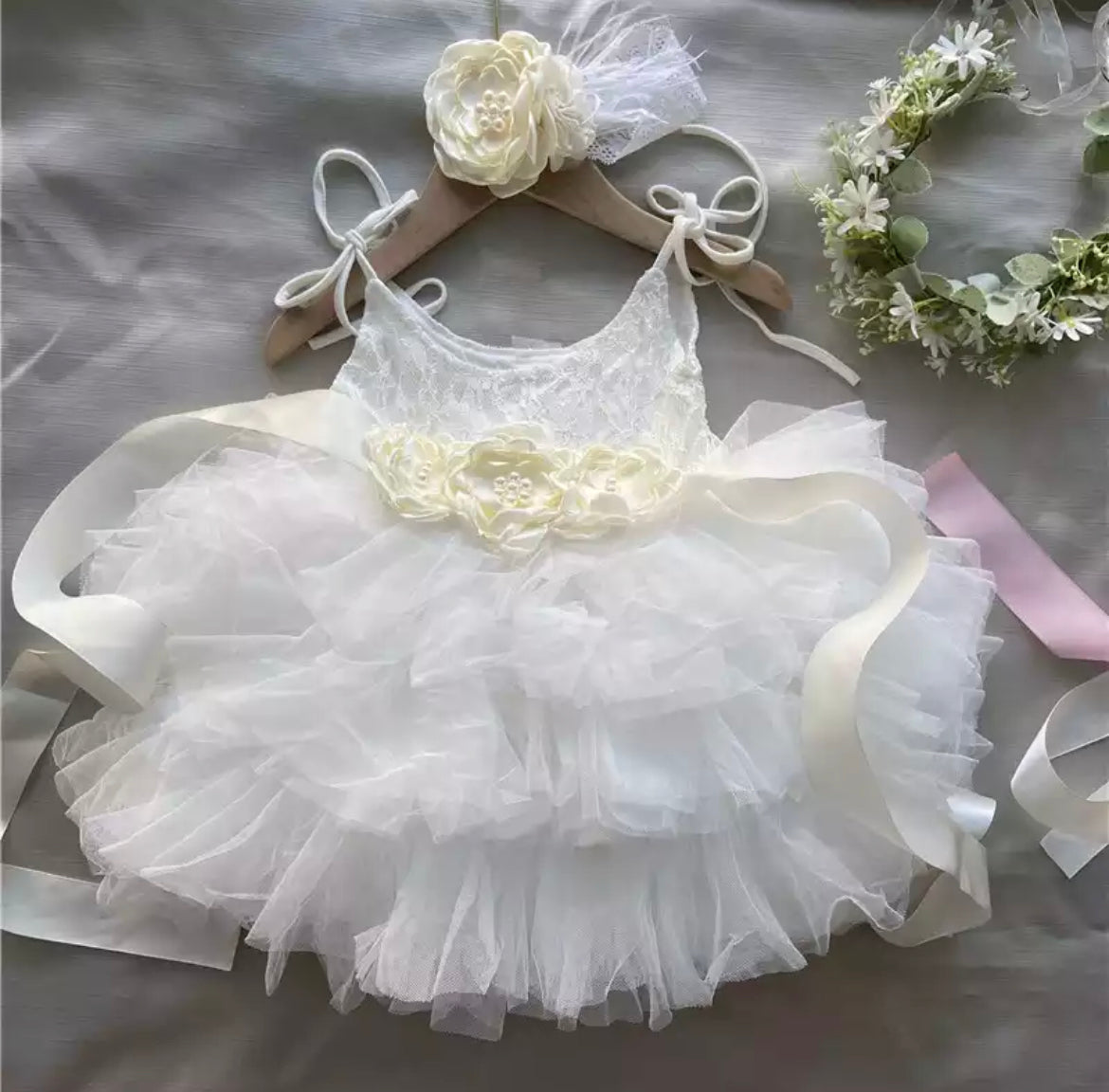 Delilah - Princess Lace & Tulle Dress with Floral Sash + Headband  - Crystal White.