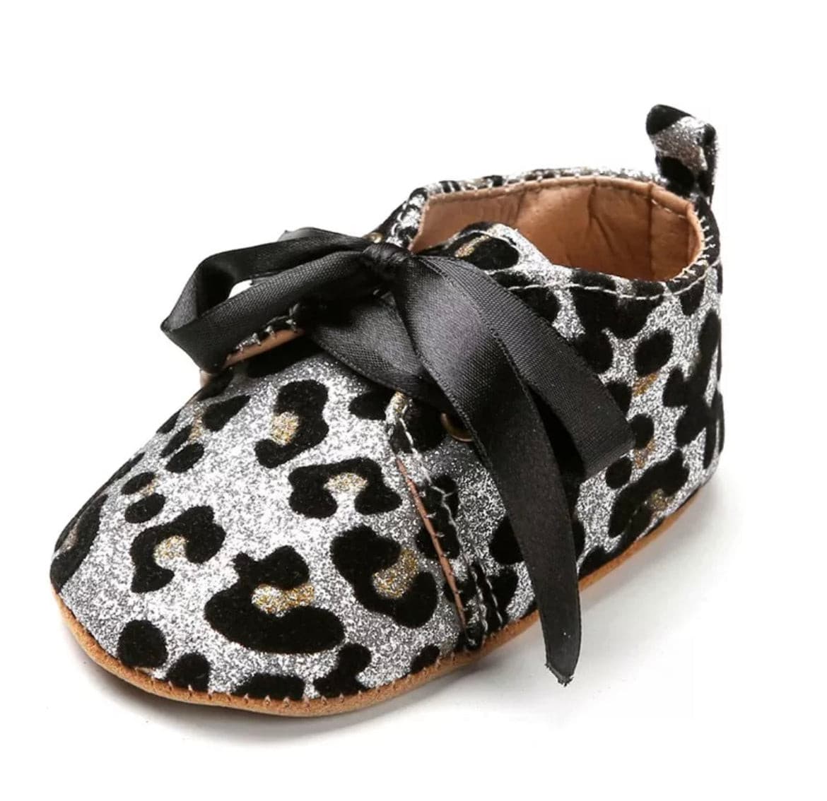 Glitterati- Silver Leopard Glitter Baby Shoes - First Walker Vegan Leaher with Velcro Straps.