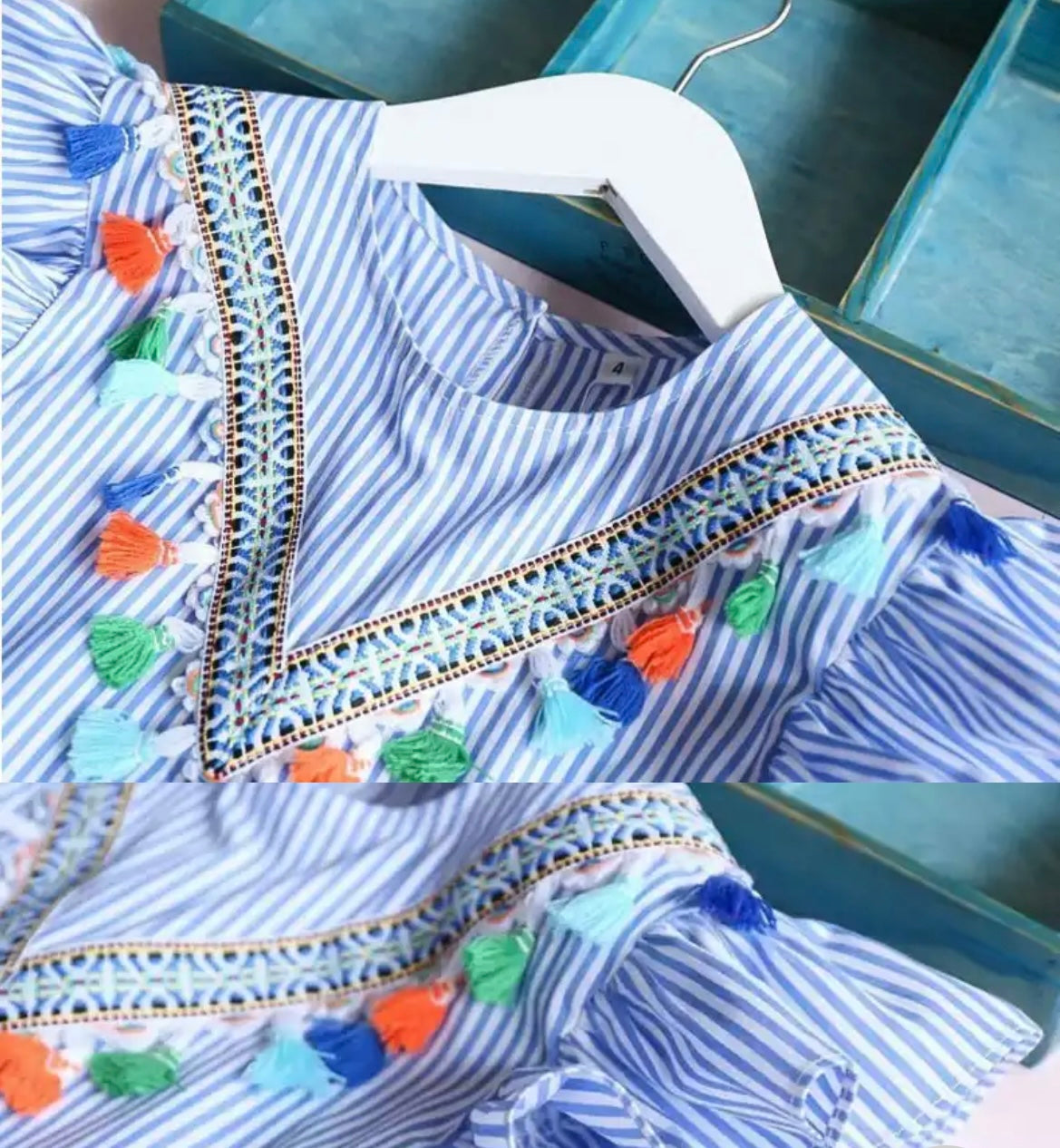 Girls Boho Tassel Stripe Summer Dress - Blue.