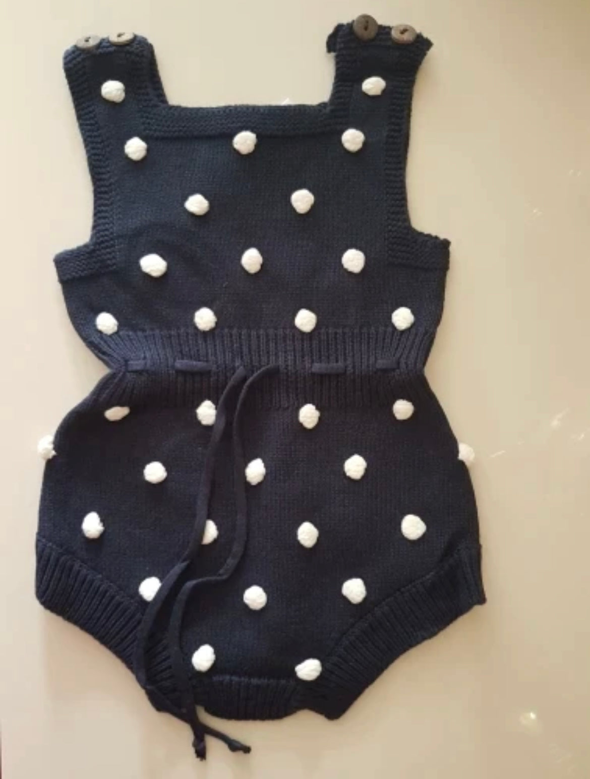 Baby Girl Knitted Romper with Bobbles / Pom Pom - Navy / White.