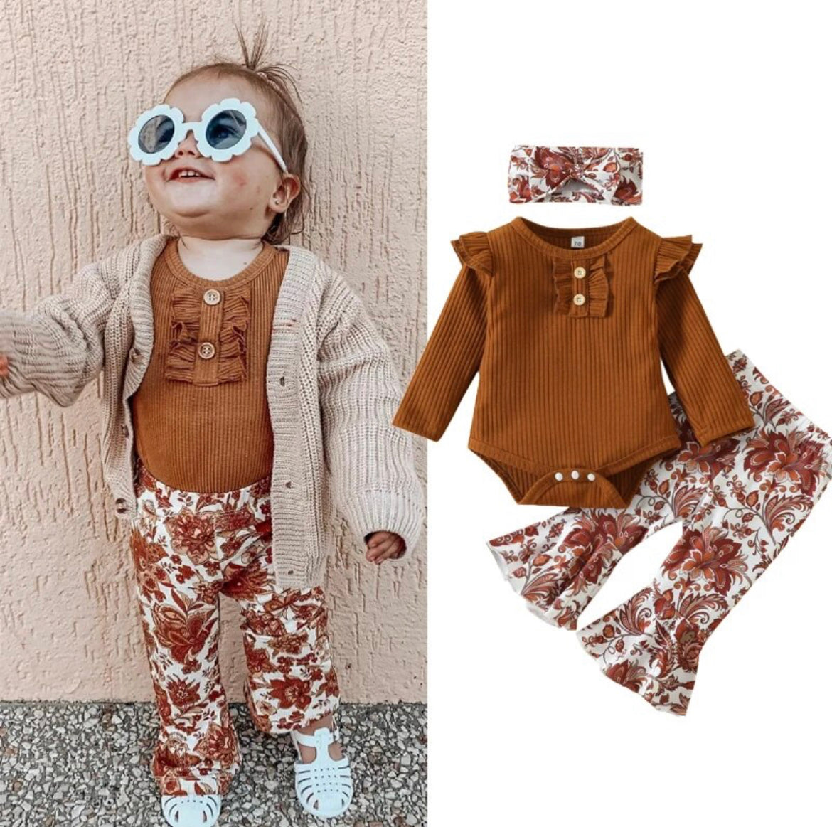 Brown Floral Flared Pants Set.