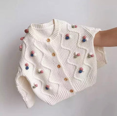 Girls Pom Pom Knitted Cardigan - Ivory Multi.