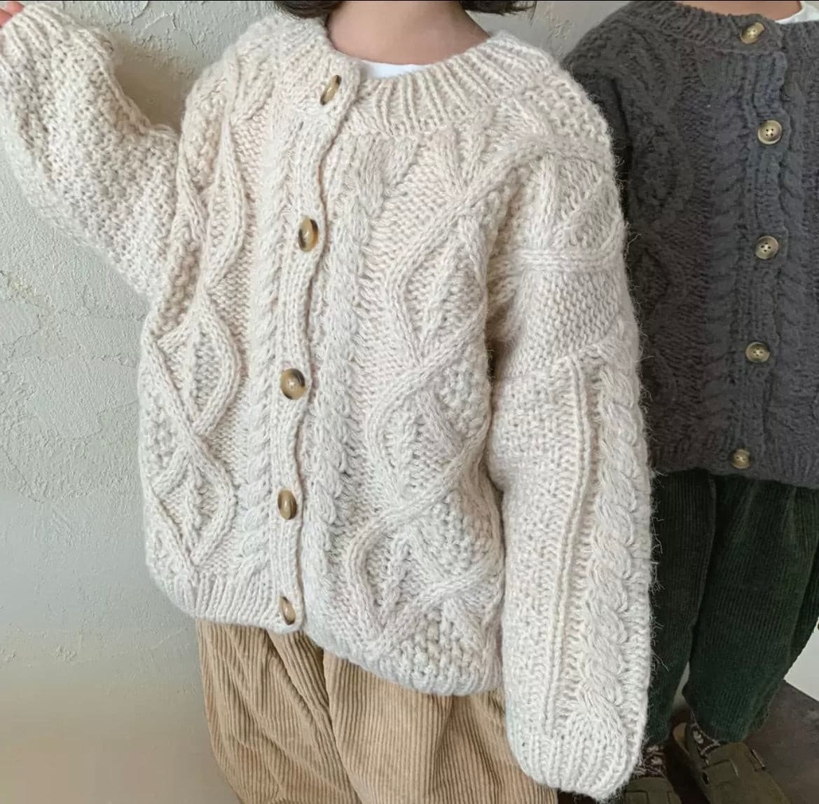 Knitted Crochet  Cardigan Jumper - Oatmeal.