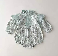 Mindy - Delicate Floral Lace & Frill High Collar Romper.