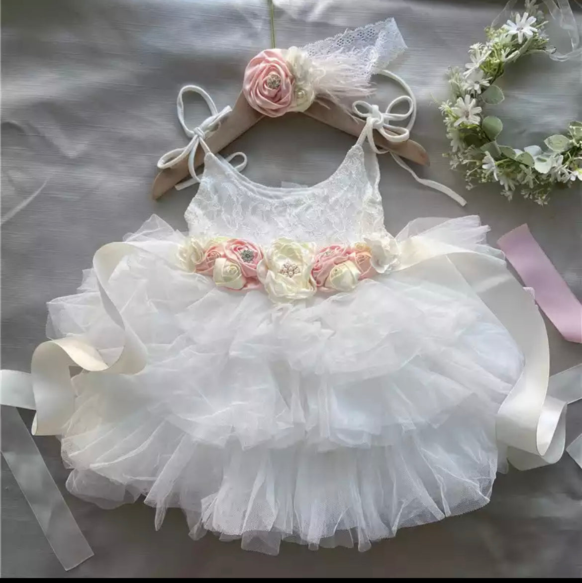 Delilah - Princess Lace & Tulle Dress with Floral Sash + Headband  - Crystal White & Pink.