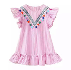 Girls Boho Tassel Stripe Summer Dress - Pink.