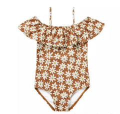 Girls Brown Daisy Boho Frill Swimsuit.