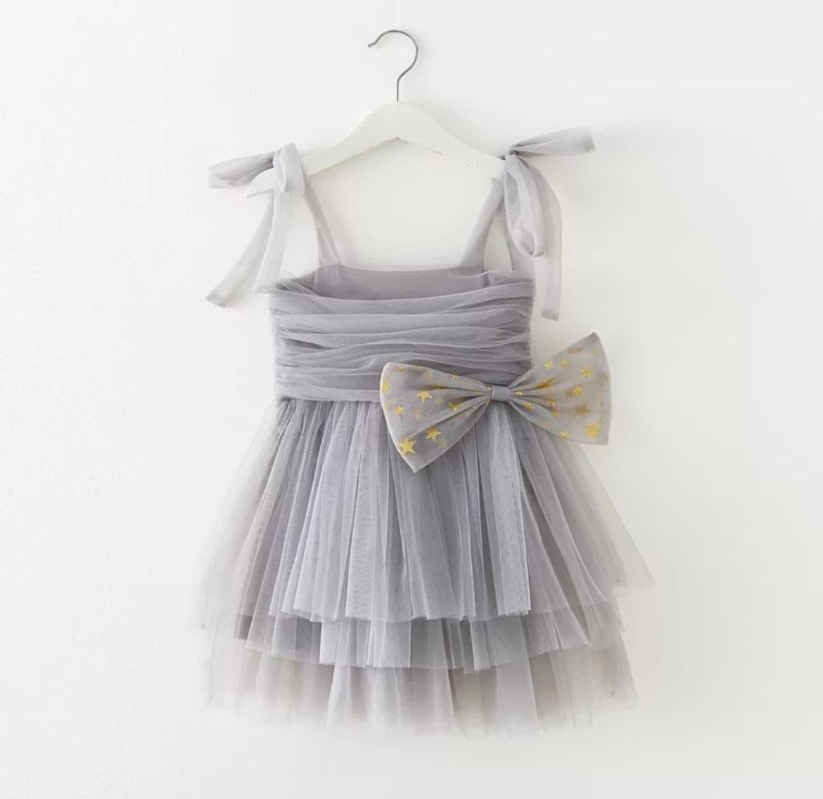 Tulle Layer Dress with Glitter Bow- Grey.