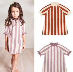 Girls 100% Cotton Knitted Stripe Dress - Red.
