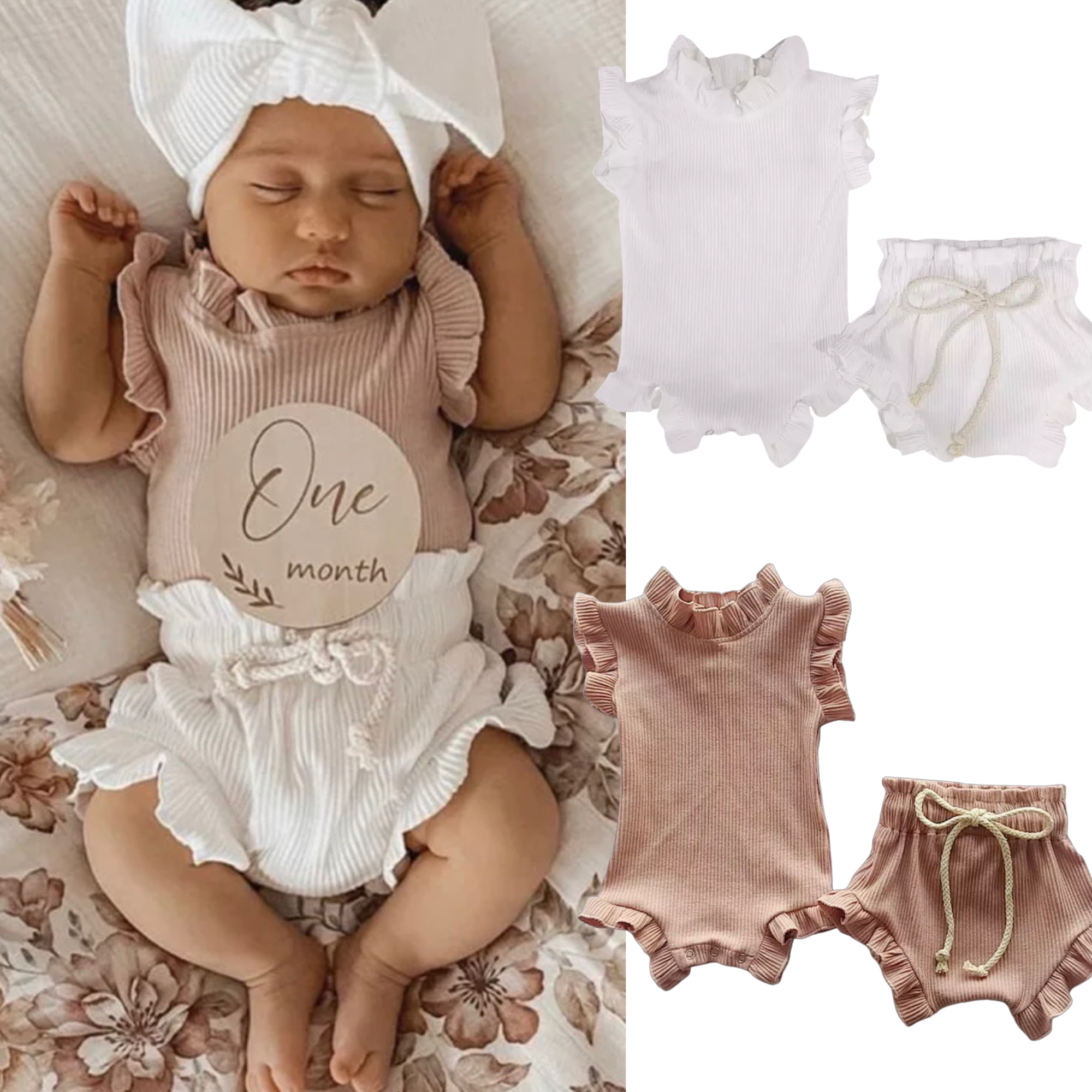Baby Girls Short Sleeve Romper 2 piece Set Soft Waffle Cotton 0 6 months Pinky Brown