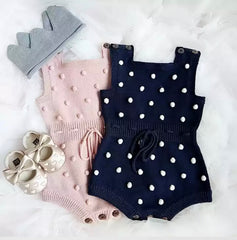 Baby Girl Knitted Romper with Bobbles / Pom Pom - Navy / White.