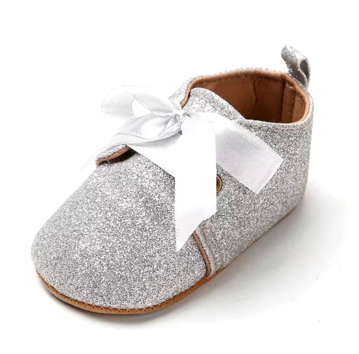 Glitterati- Silver Glitter Baby Shoes - First Walker Vegan Leaher with Velcro Straps.