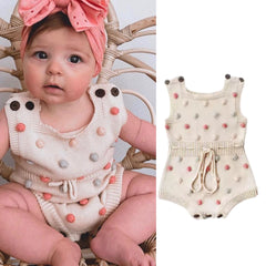 Baby Girl Knitted Romper with Bobbles / Pom Pom - Natural / Multi.