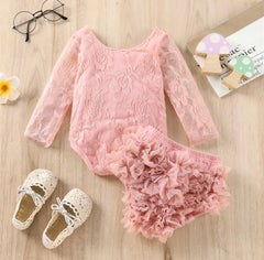 Girls First Birthday Lace “One” Long Sleeve Romper + Bloomers Set  - Dusty Pink.