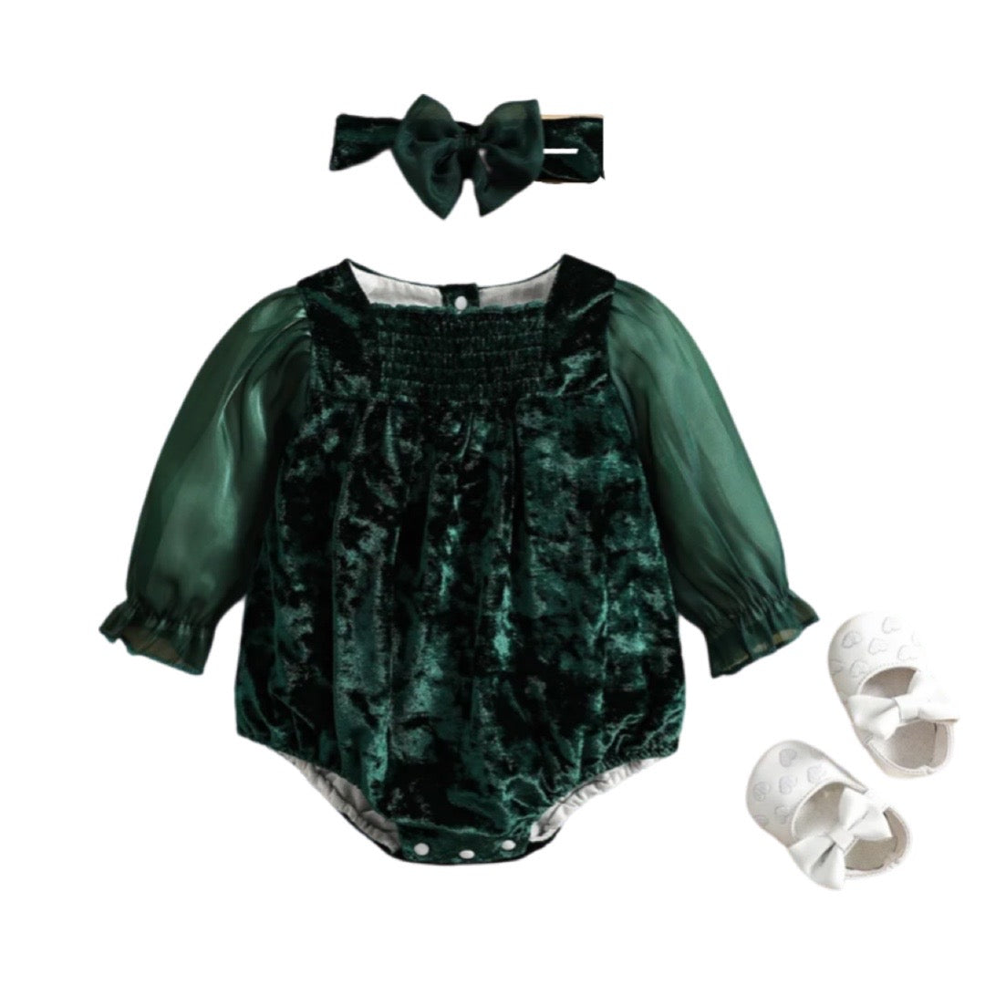 Emerald Green Velvet Bodysuit Romper for Baby Gilrs.