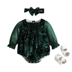 Emerald Green Velvet Bodysuit Romper for Baby Gilrs.